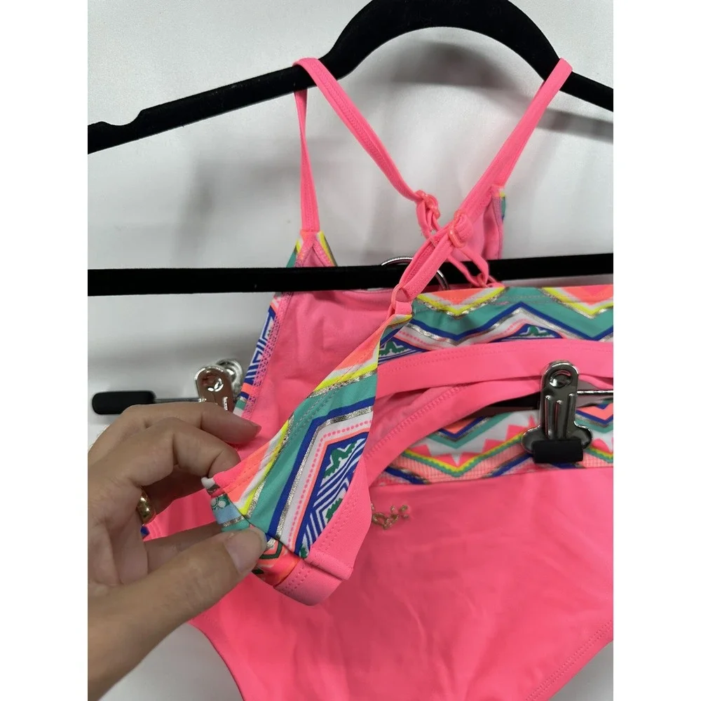 Bikini Set Bathing Suit Justice Girls Pink Geometric Print 2pc Sz 8 NEW No Tags